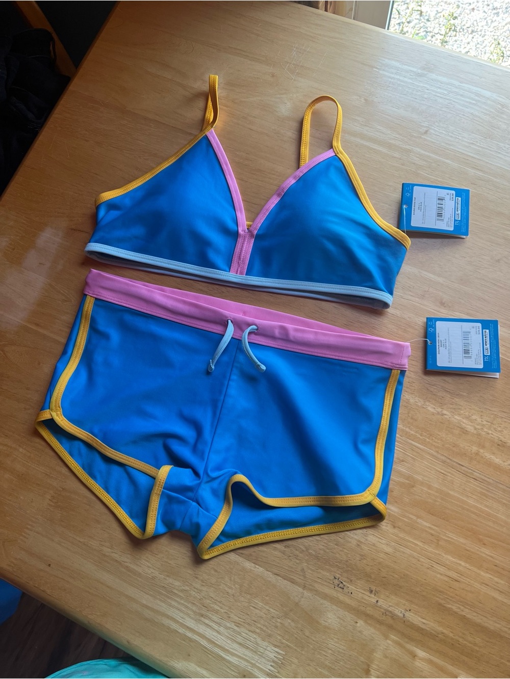 DSG Girls Blue Swim Bikini Set with Pink and Yellow Trim